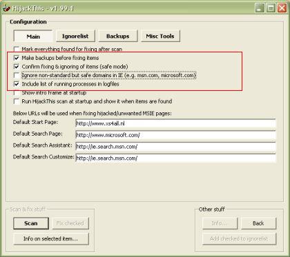 Figuur 2: HijackThis configuratie opties